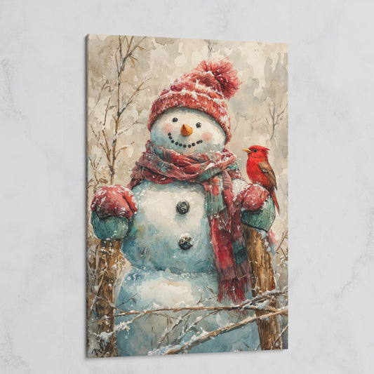 Snowman with Red Bird Winter Canvas on gallery wrap