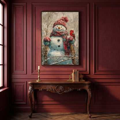 Snowman with Red Bird Winter Canvas in dark walnut floating frame