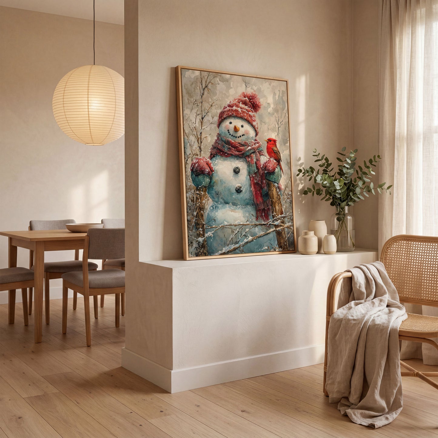 Snowman with Red Bird Winter Canvas in white oak floating frame