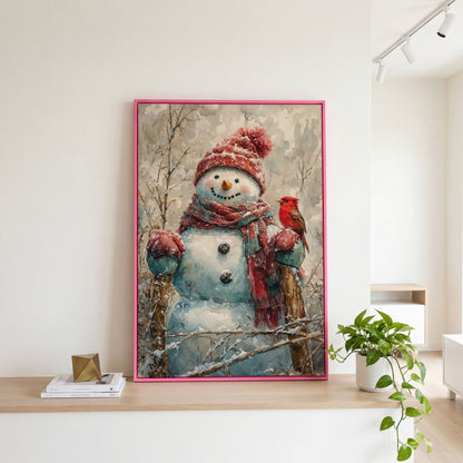 Snowman with Red Bird Winter Canvas in pink floating frame