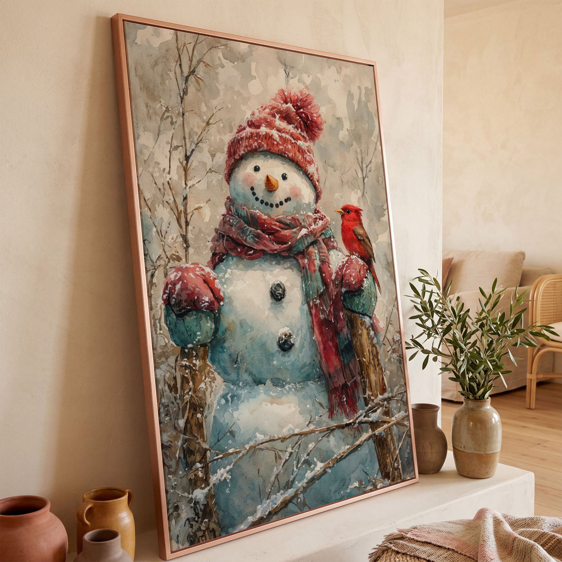 Snowman with Red Bird Winter Canvas in rose gold floating frame