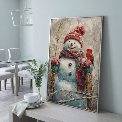 Snowman with Red Bird Winter Canvas in silver floating frame