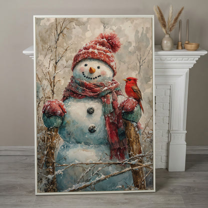Snowman with Red Bird Winter Canvas in white floating frame
