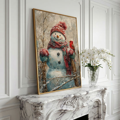 Snowman with Red Bird Winter Canvas in yellow gold floating frame