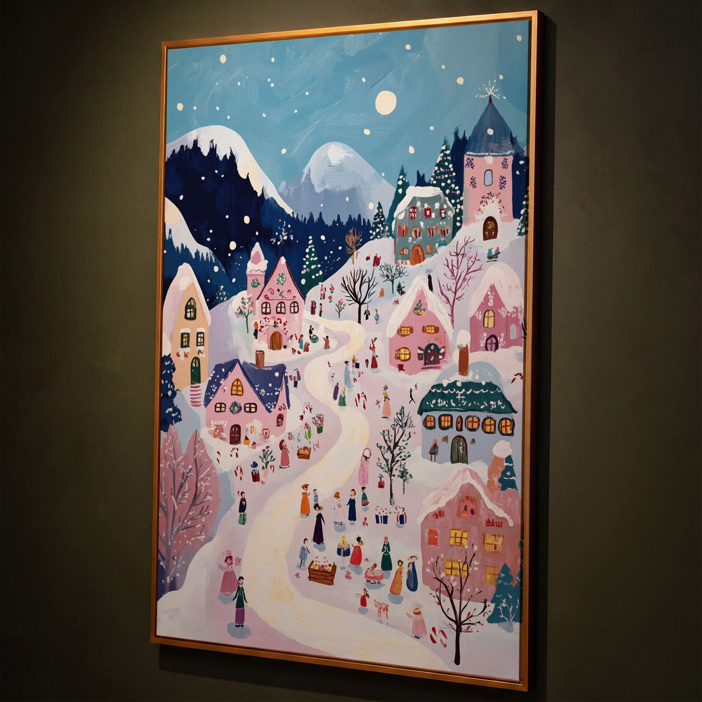 Snowy Village Canvas Print with Festive Aerial View shown in antique gold floating frame