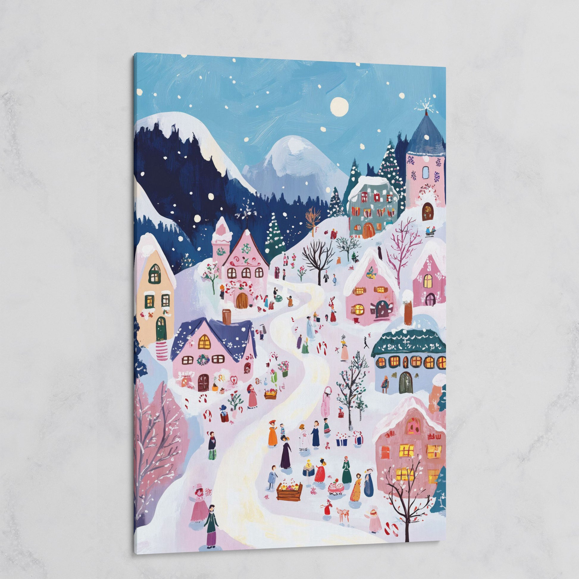 Snowy Village Canvas Print with Festive Aerial View on gallery wrap