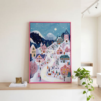 Snowy Village Canvas Print with Festive Aerial View in pink floating frame