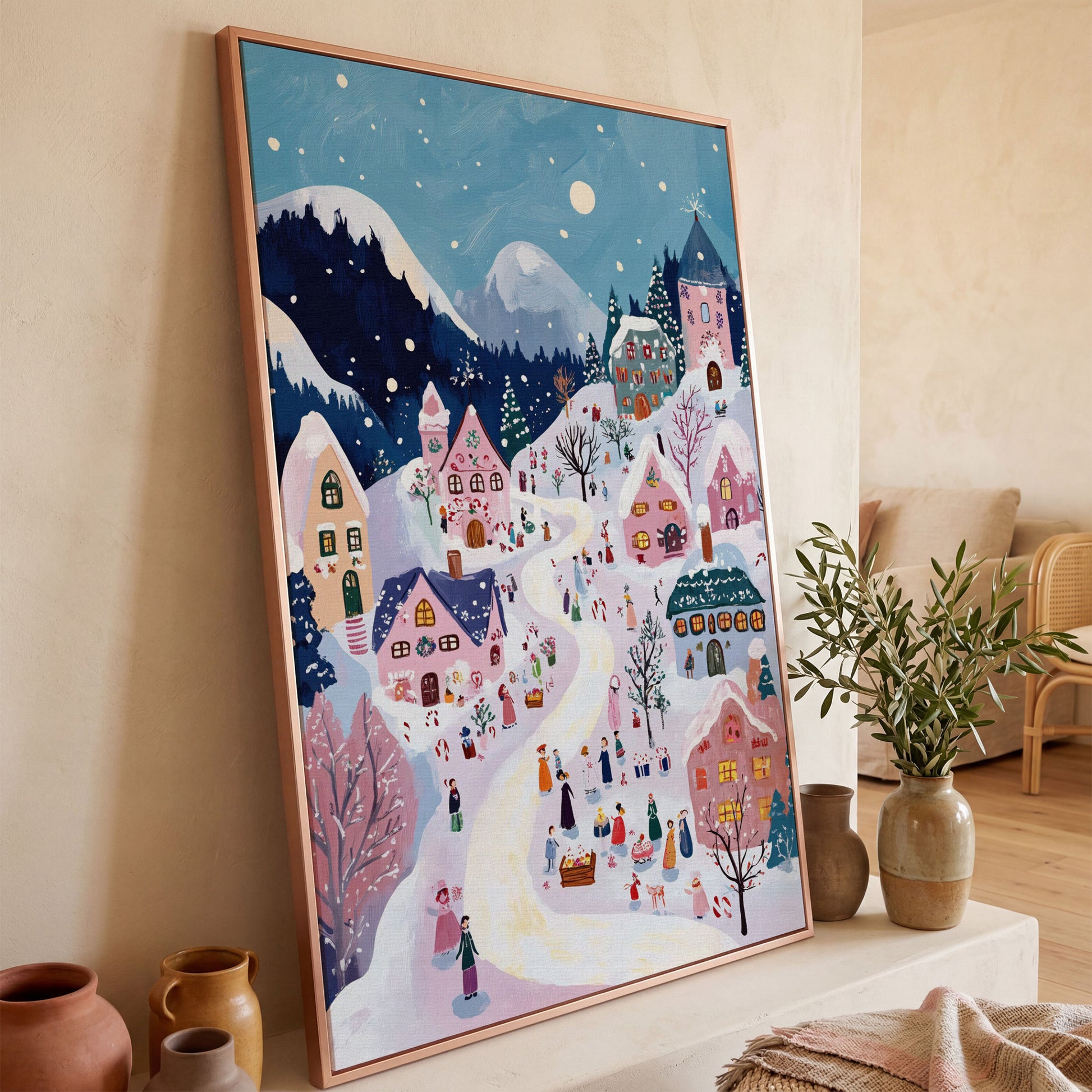 Snowy Village Canvas Print with Festive Aerial View in rose gold floating frame