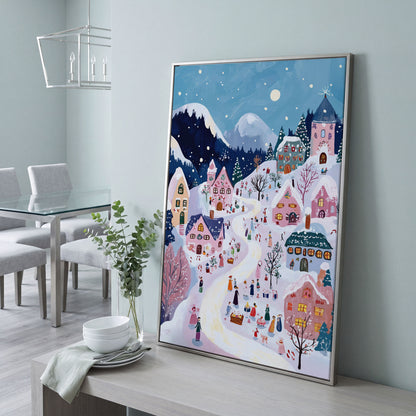 Snowy Village Canvas Print with Festive Aerial View in silver floating frame
