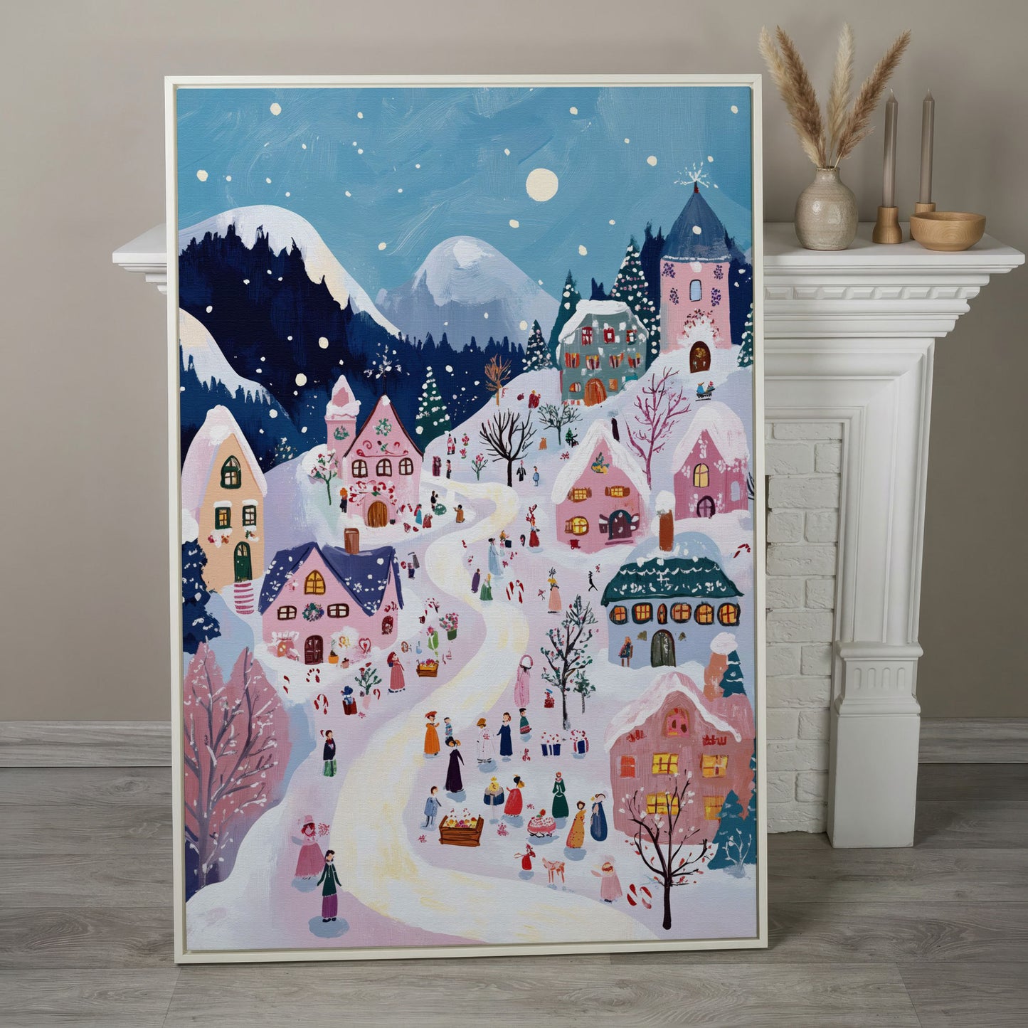 Snowy Village Canvas Print with Festive Aerial View in white floating frame