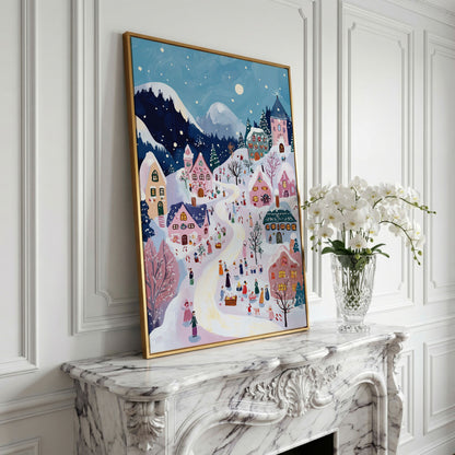 Snowy Village Canvas Print with Festive Aerial View in yellow gold floating frame