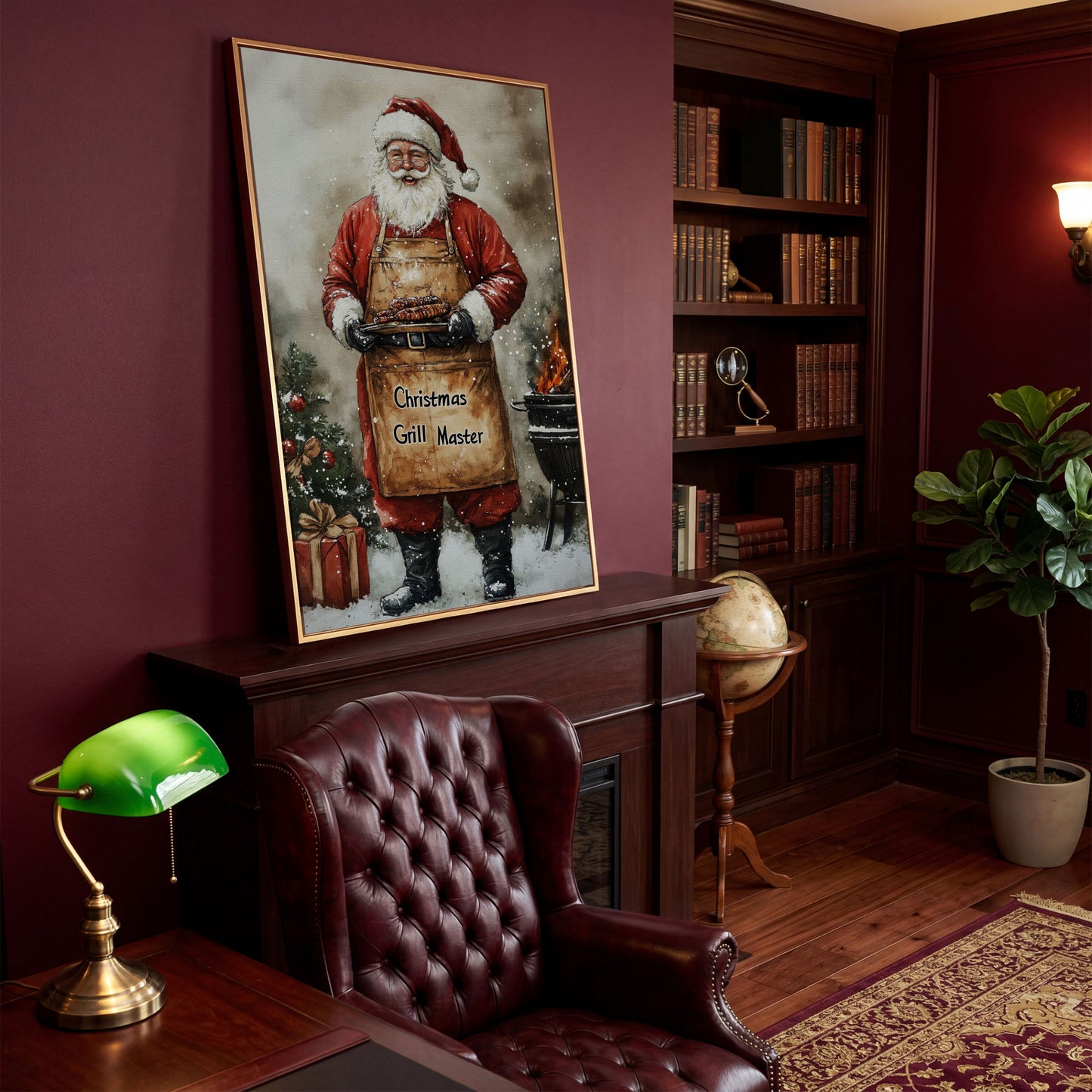 Santa Grill Master Canvas Print in antique gold floating frame