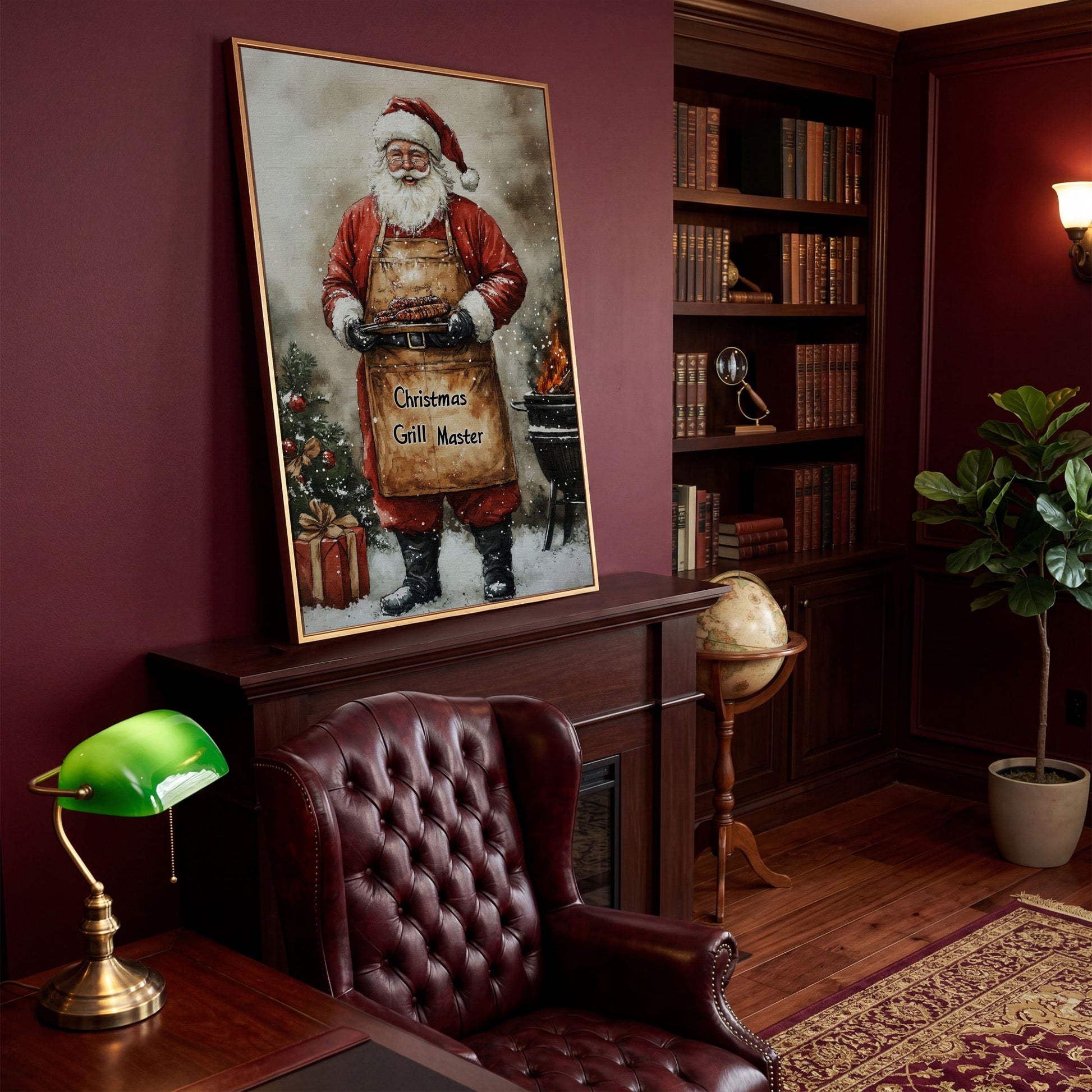 Santa Grill Master Canvas Print in antique gold floating frame