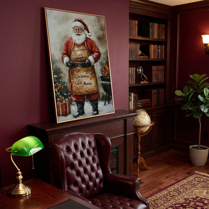 Santa Grill Master Canvas Print in antique gold floating frame