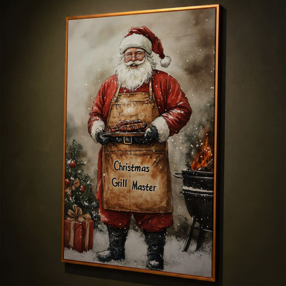 Santa Grill Master Canvas Print shown in antique gold floating frame