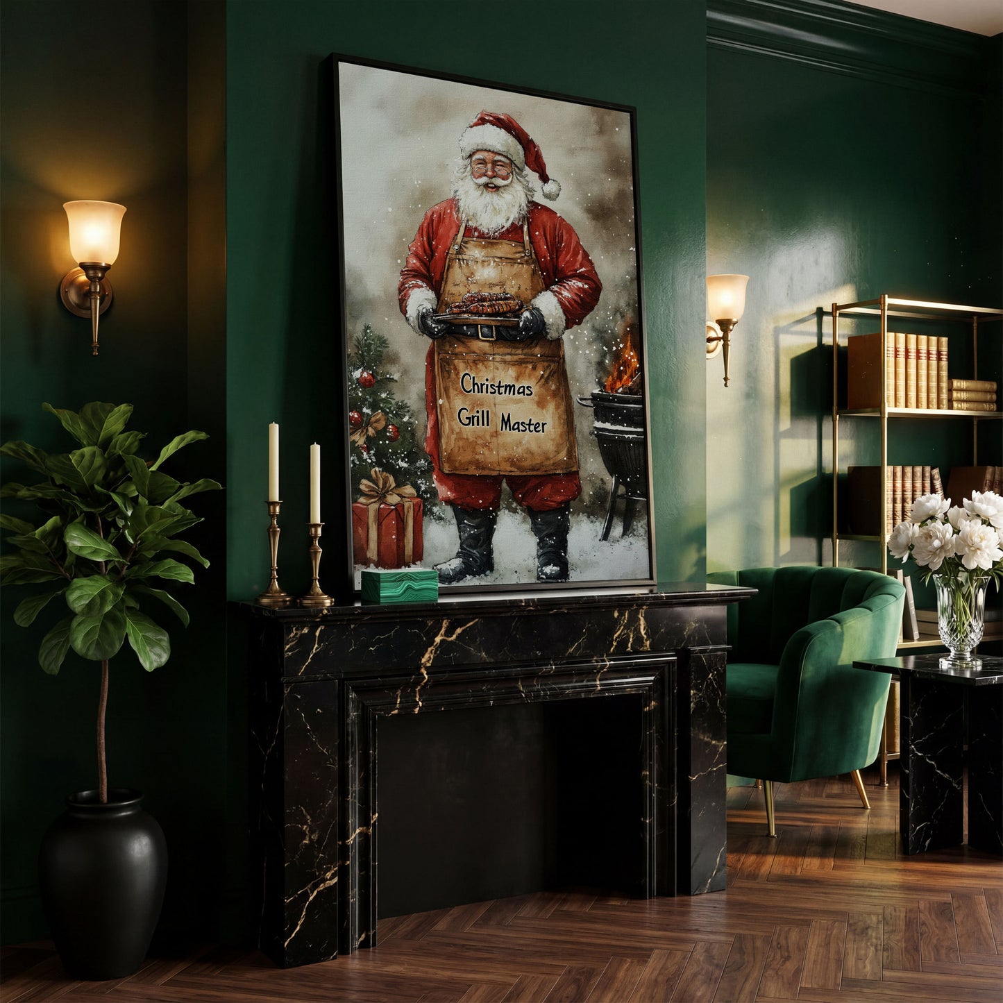 Santa Grill Master Canvas Print in black floating frame