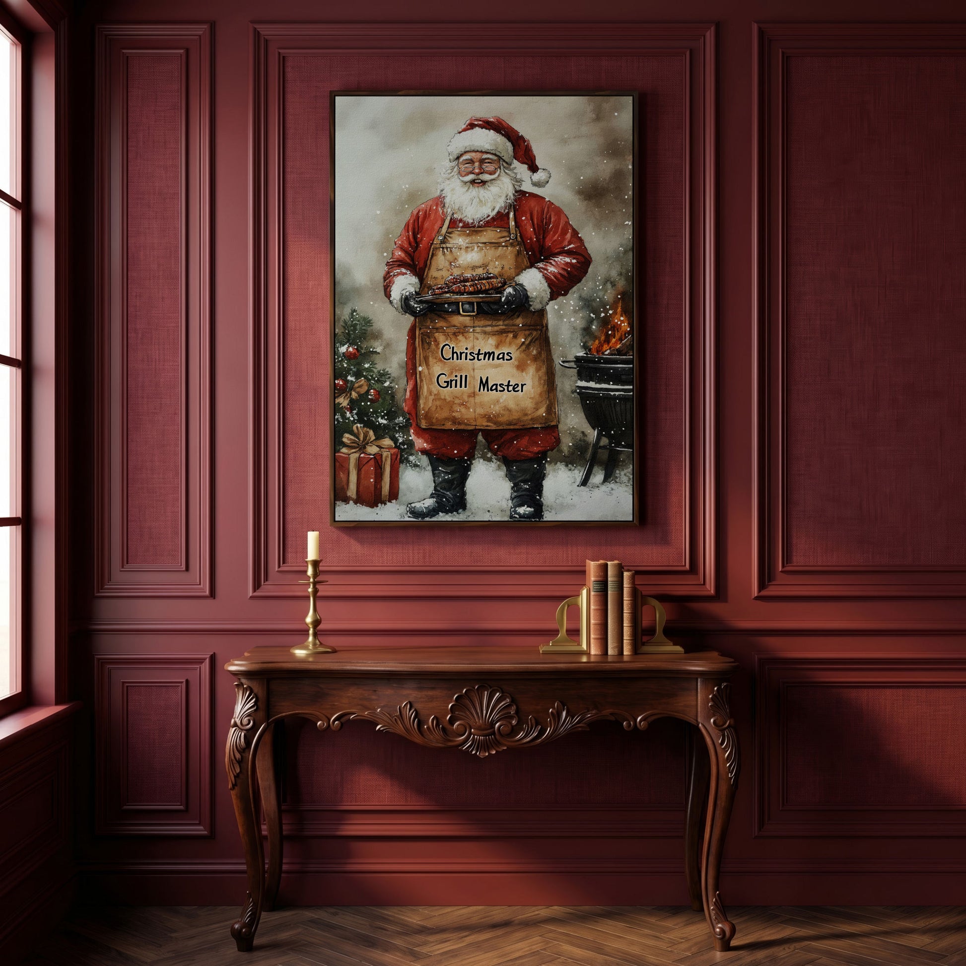 Santa Grill Master Canvas Print in dark walnut floating frame