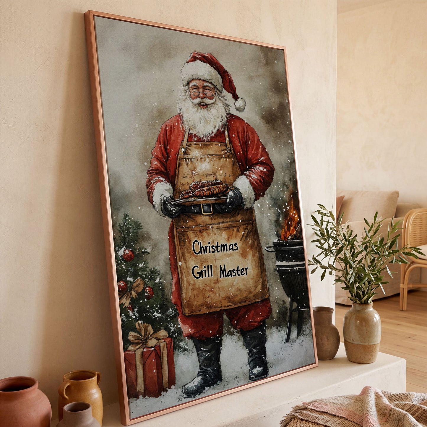 Santa Grill Master Canvas Print in rose gold floating frame