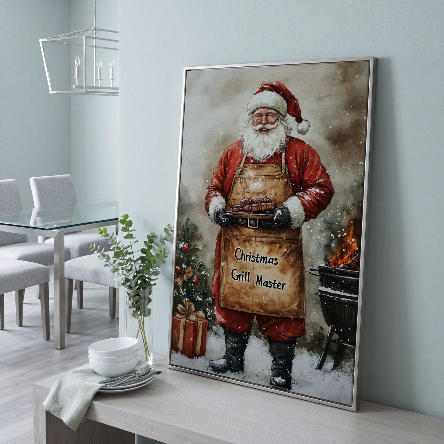Santa Grill Master Canvas Print in silver floating frame