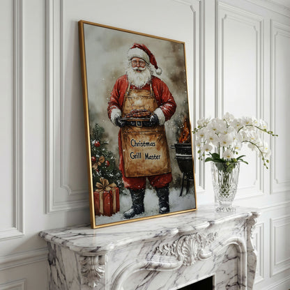 Santa Grill Master Canvas Print in yellow gold floating frame