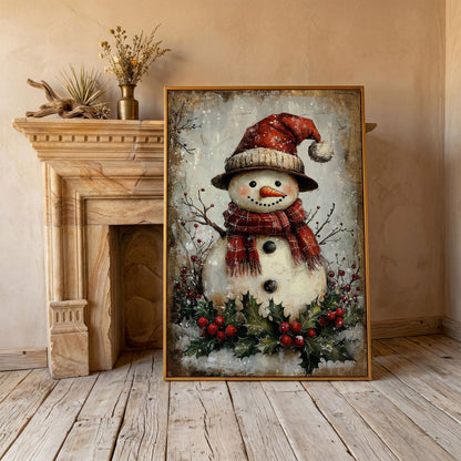 Festive Snowman with Holly Canvas Print in antique gold floating frame