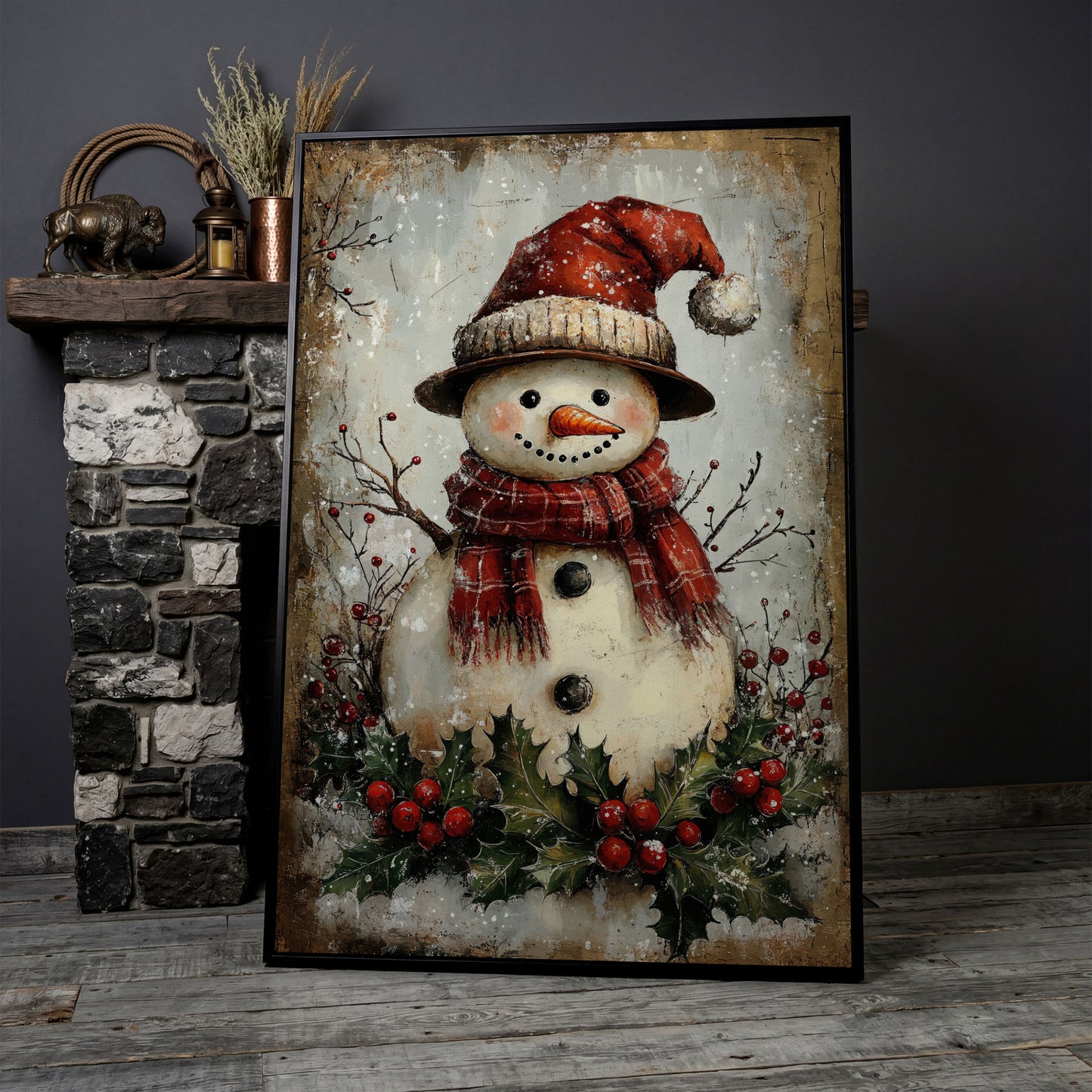 Festive Snowman with Holly Canvas Print in black floating frame