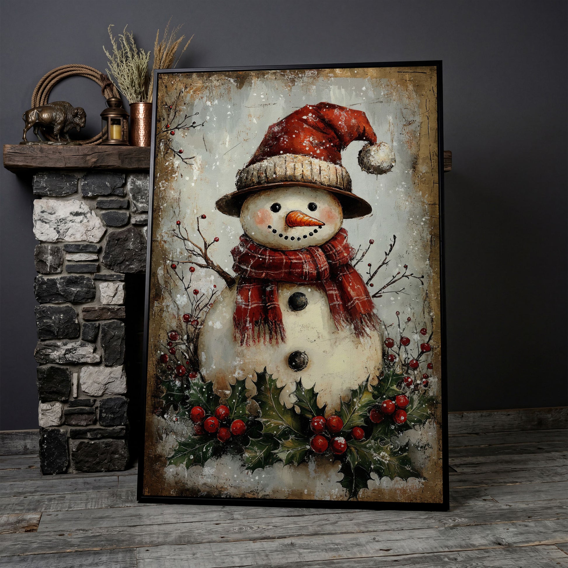 Festive Snowman with Holly Canvas Print in black floating frame