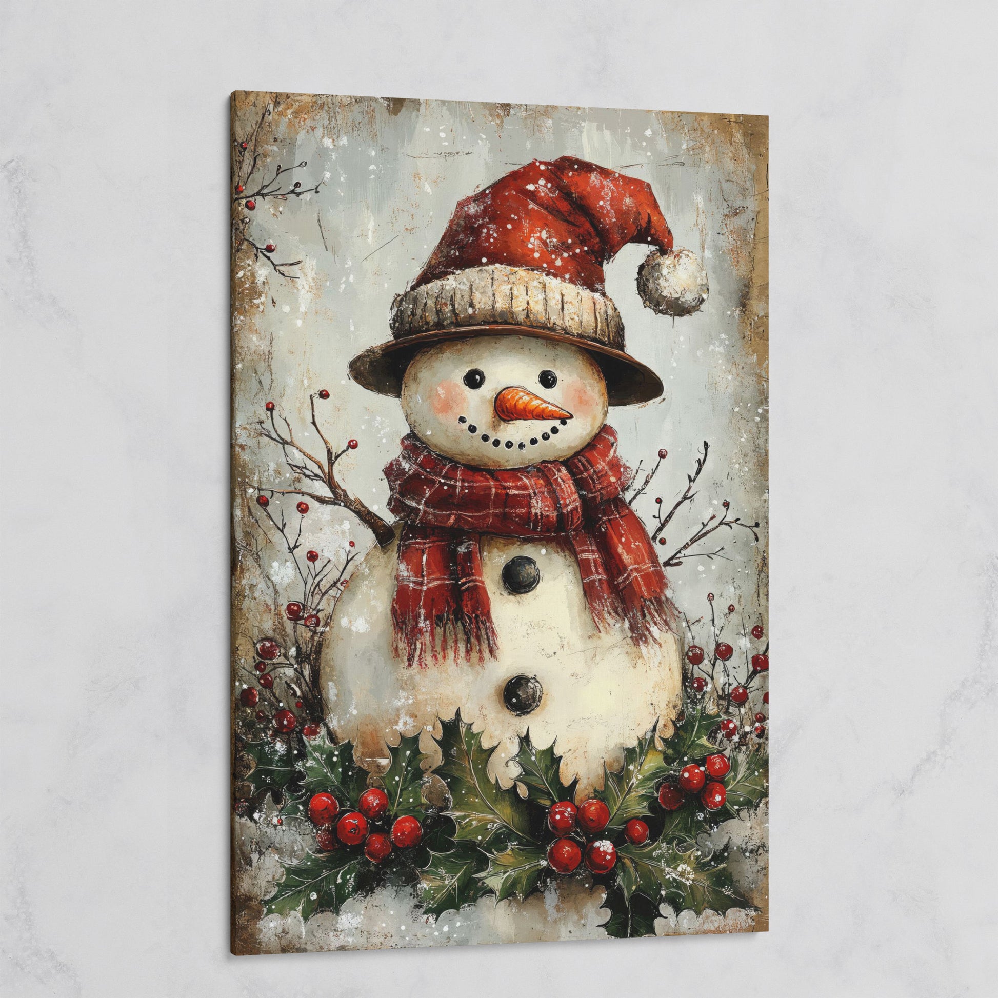 Festive Snowman with Holly Canvas Print on gallery wrap
