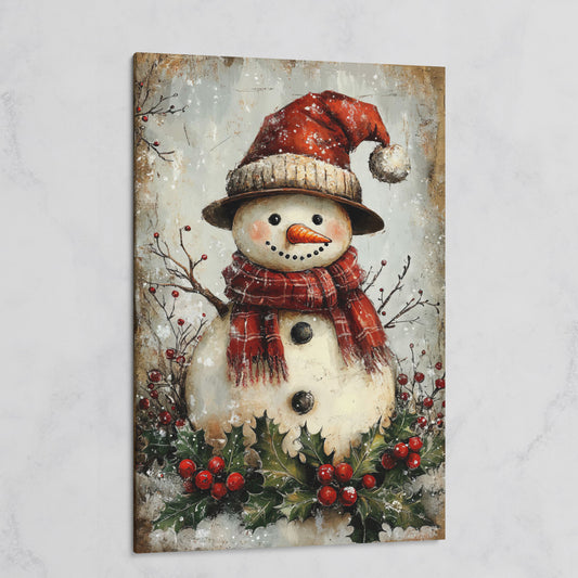 Festive Snowman with Holly Canvas Print on gallery wrap