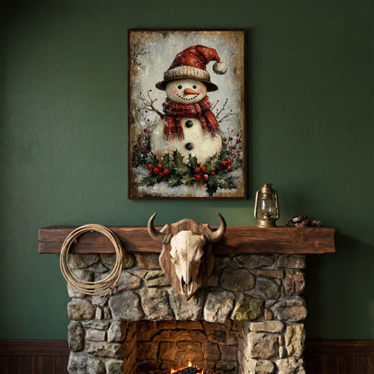 Festive Snowman with Holly Canvas Print in dark walnut floating frame