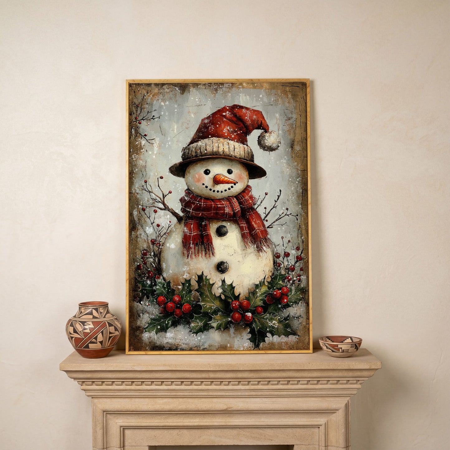 Festive Snowman with Holly Canvas Print in white oak floating frame