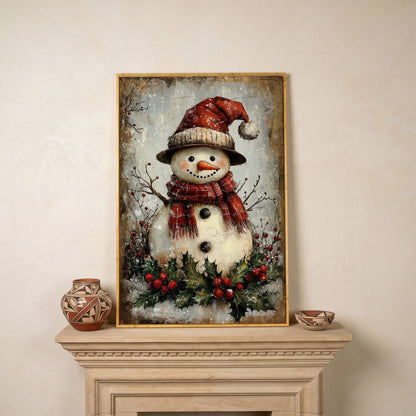 Festive Snowman with Holly Canvas Print in white oak floating frame