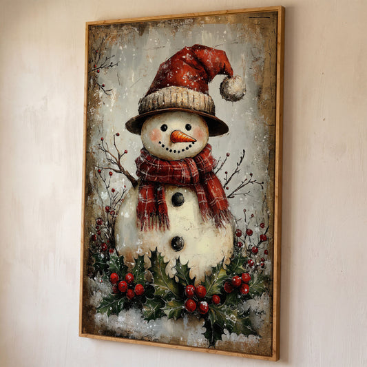 Festive Snowman with Holly Canvas Print shown in white oak floating frame