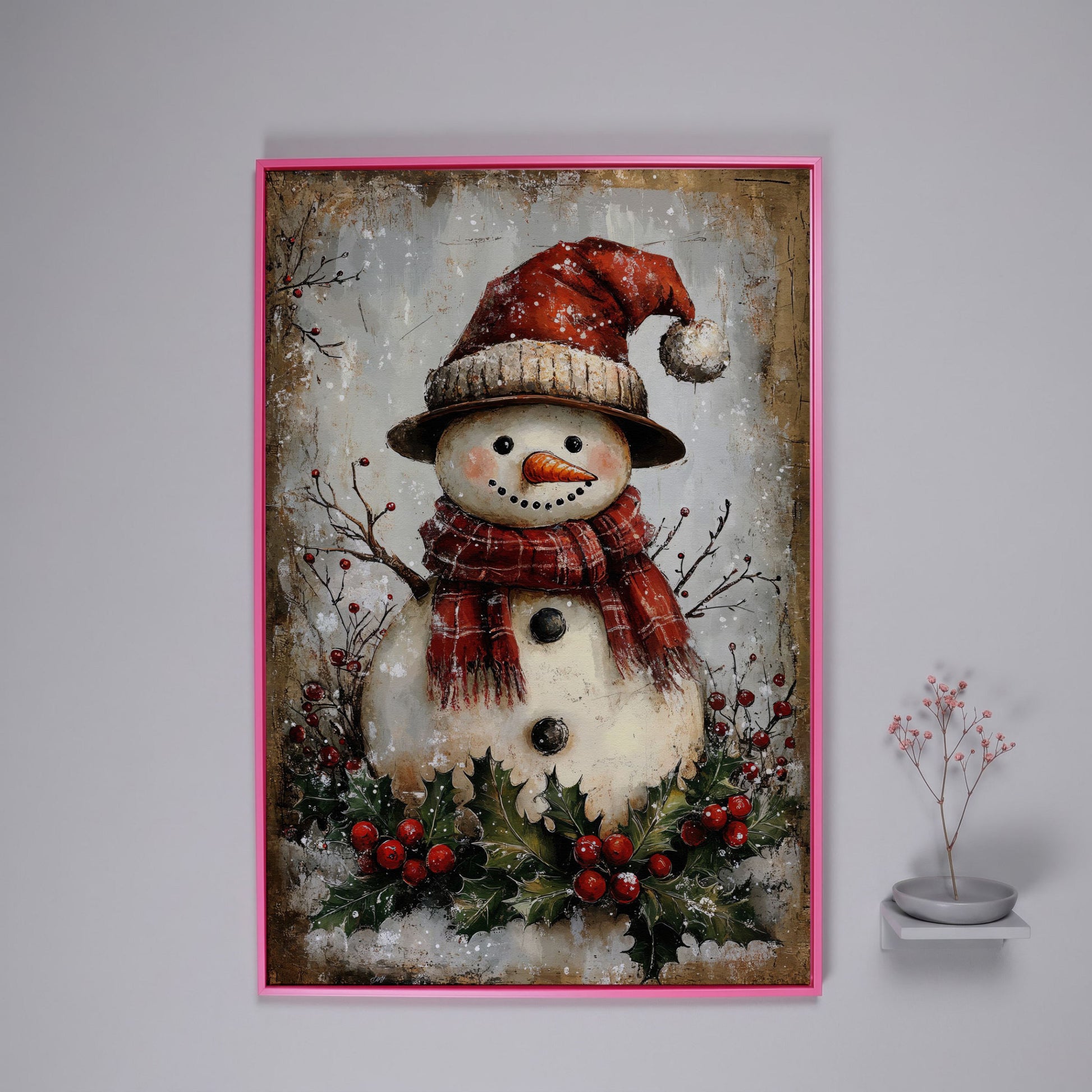 Festive Snowman with Holly Canvas Print in pink floating frame
