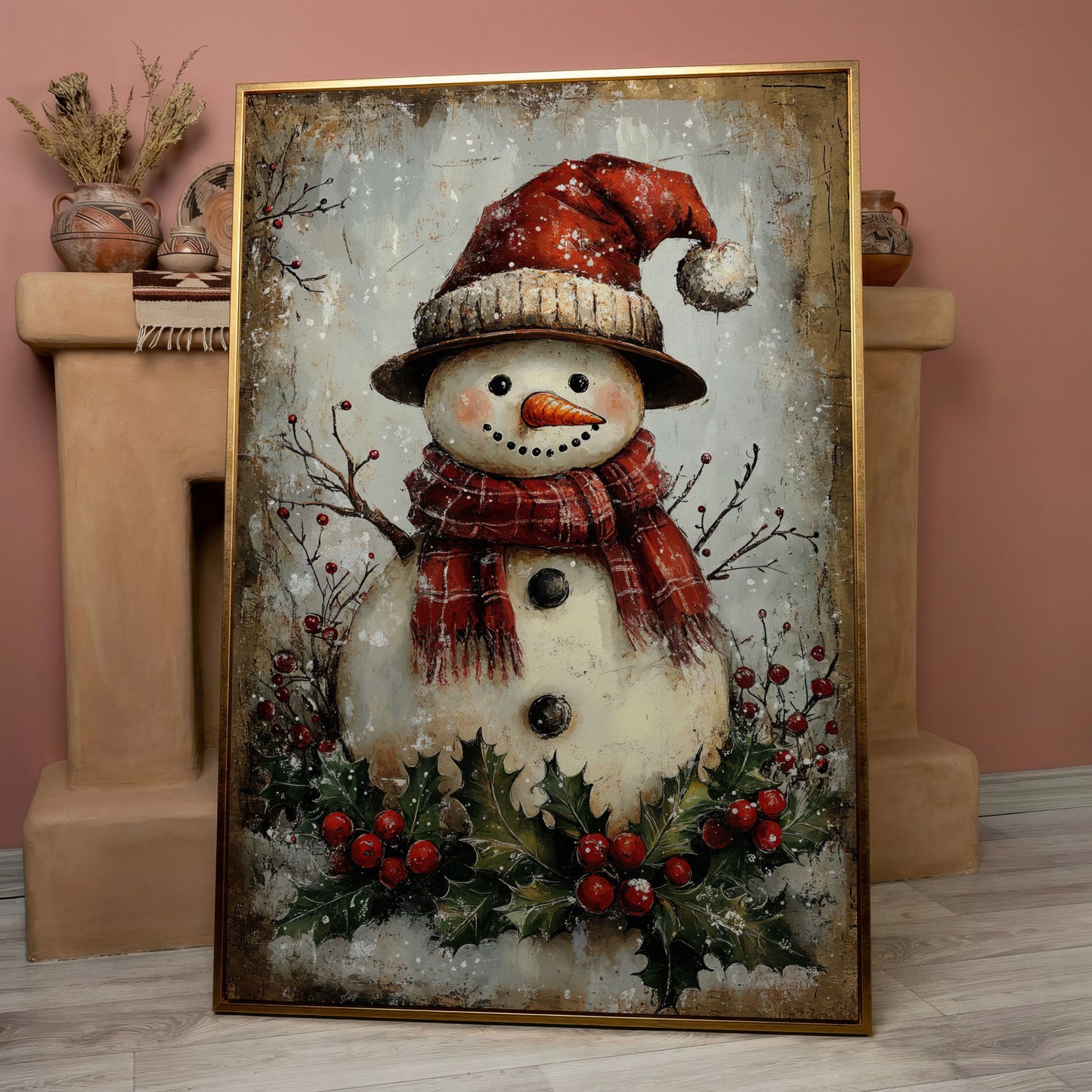 Festive Snowman with Holly Canvas Print in rose gold floating frame