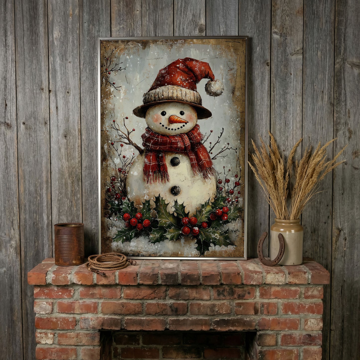 Festive Snowman with Holly Canvas Print in silver floating frame