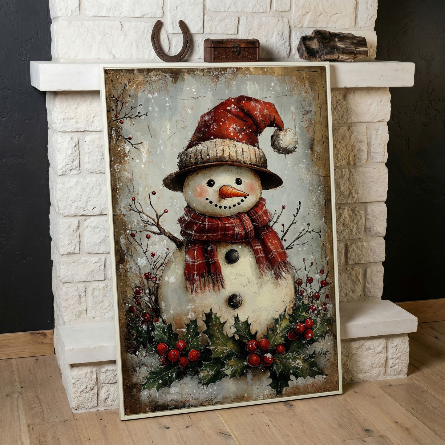 Festive Snowman with Holly Canvas Print in white floating frame