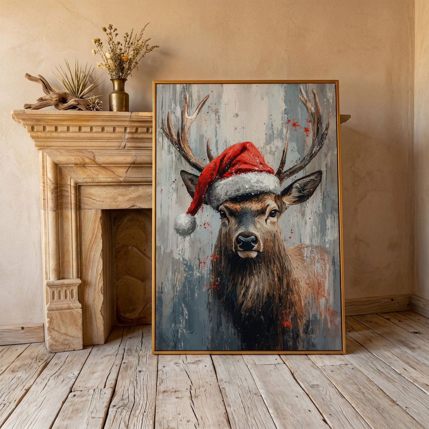 Festive Deer with Santa Hat Canvas Print in antique gold floating frame