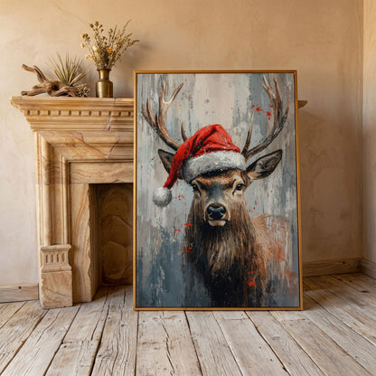 Festive Deer with Santa Hat Canvas Print in antique gold floating frame