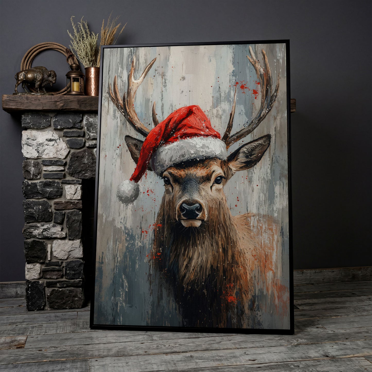 Festive Deer with Santa Hat Canvas Print in black floating frame