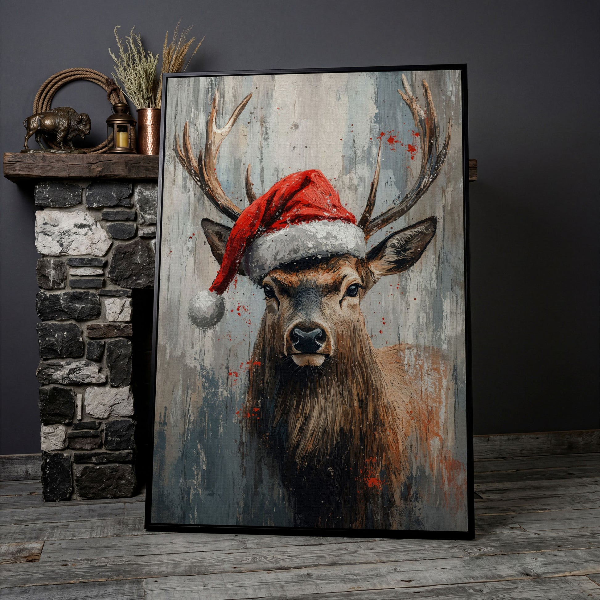 Festive Deer with Santa Hat Canvas Print in black floating frame