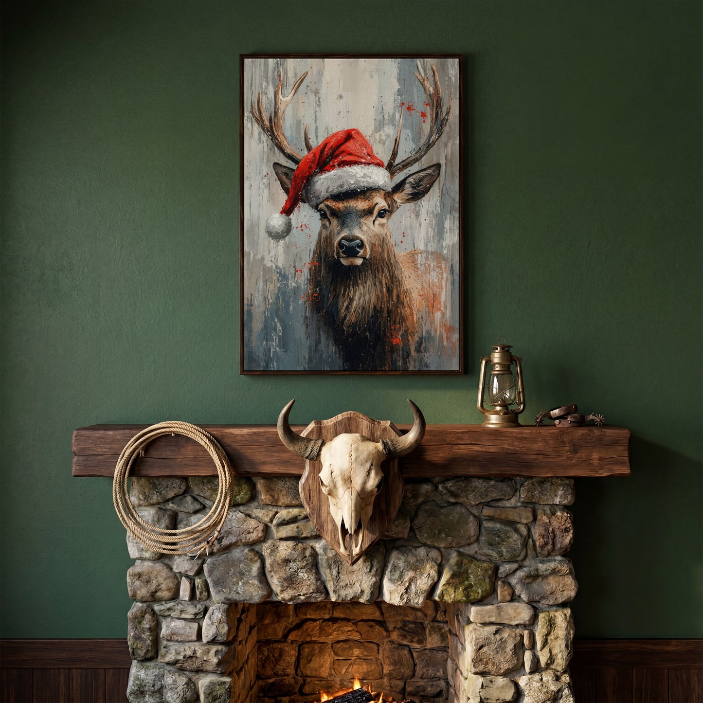 Festive Deer with Santa Hat Canvas Print in dark walnut floating frame