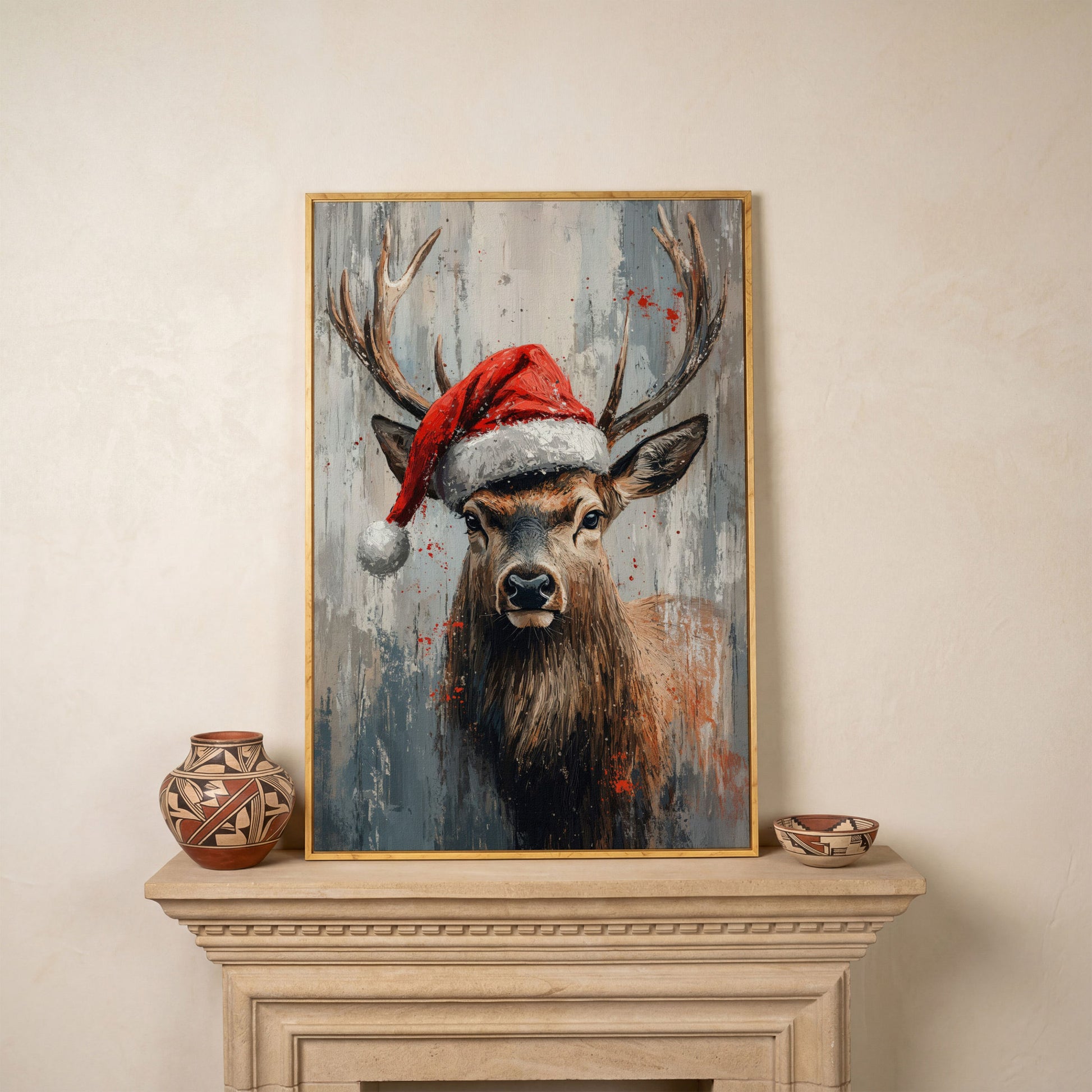 Festive Deer with Santa Hat Canvas Print in white oak floating frame
