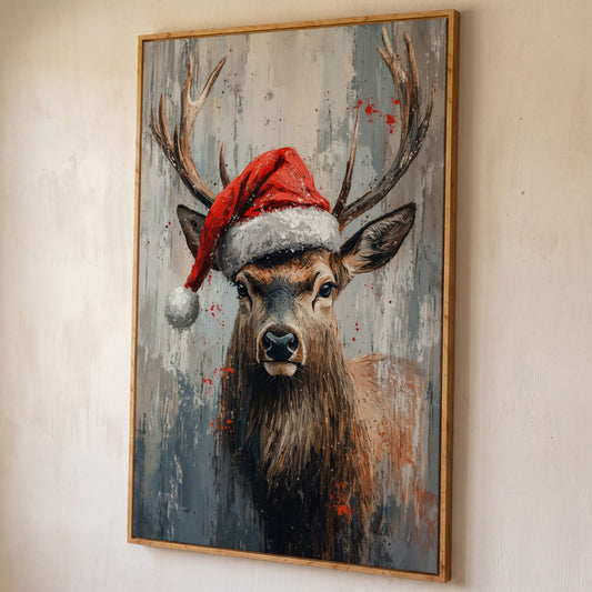 Festive Deer with Santa Hat Canvas Print shown in white oak floating frame