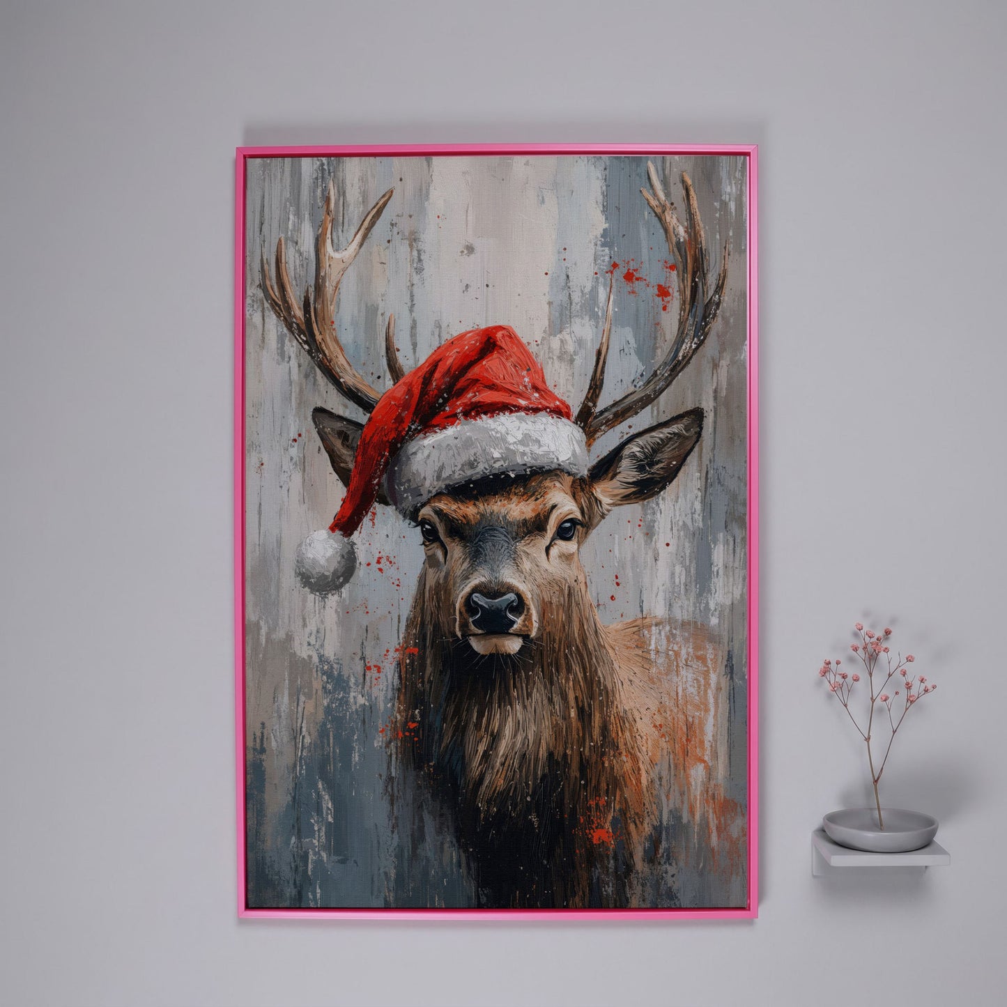 Festive Deer with Santa Hat Canvas Print in pink floating frame