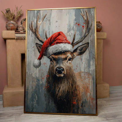 Festive Deer with Santa Hat Canvas Print in rose gold floating frame