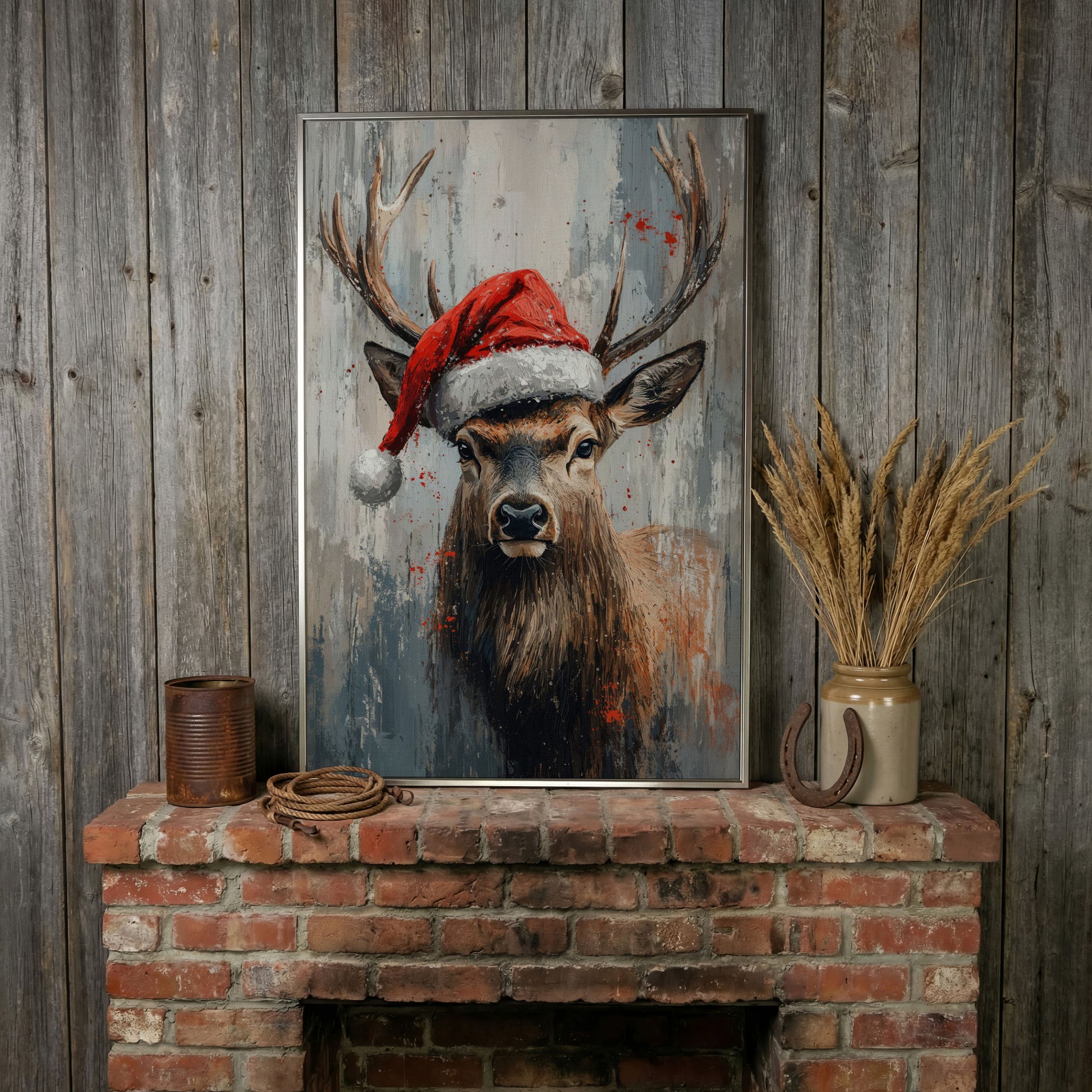 Festive Deer with Santa Hat Canvas Print in silver floating frame