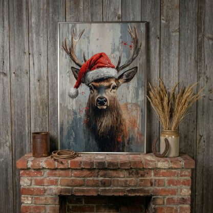 Festive Deer with Santa Hat Canvas Print in silver floating frame