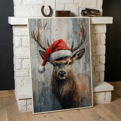 Festive Deer with Santa Hat Canvas Print in white floating frame