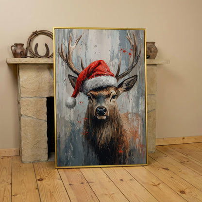 Festive Deer with Santa Hat Canvas Print in yellow gold floating frame